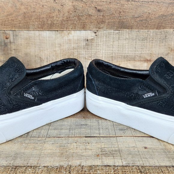 Vans Slip On Platform Women Sz 6 Suede Embossed Letters Casual Classic Black - Picture 4 of 10